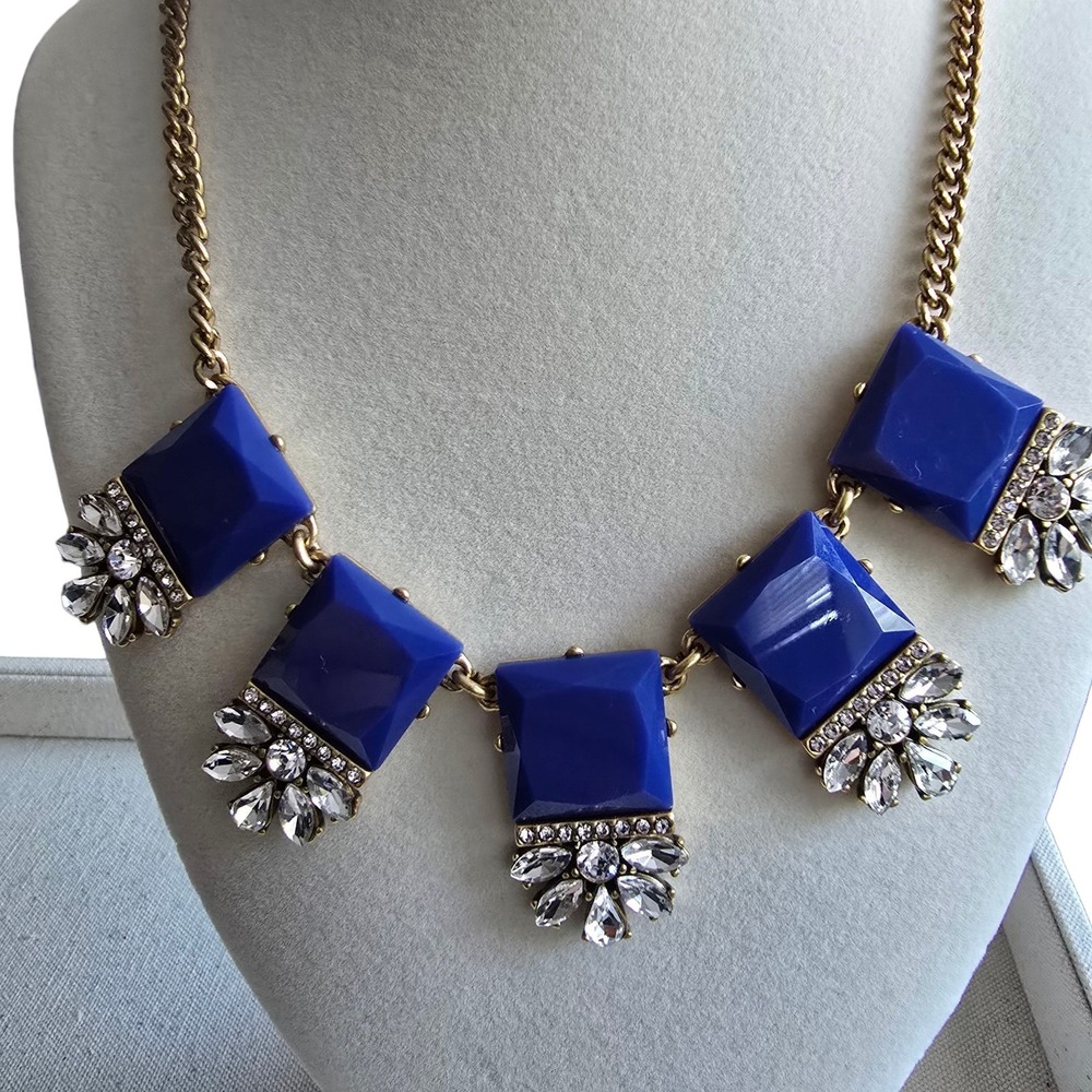 J.Crew Cobalt Blue Resin Crystal Rhinestone Statement Bib Necklace Gold Tone